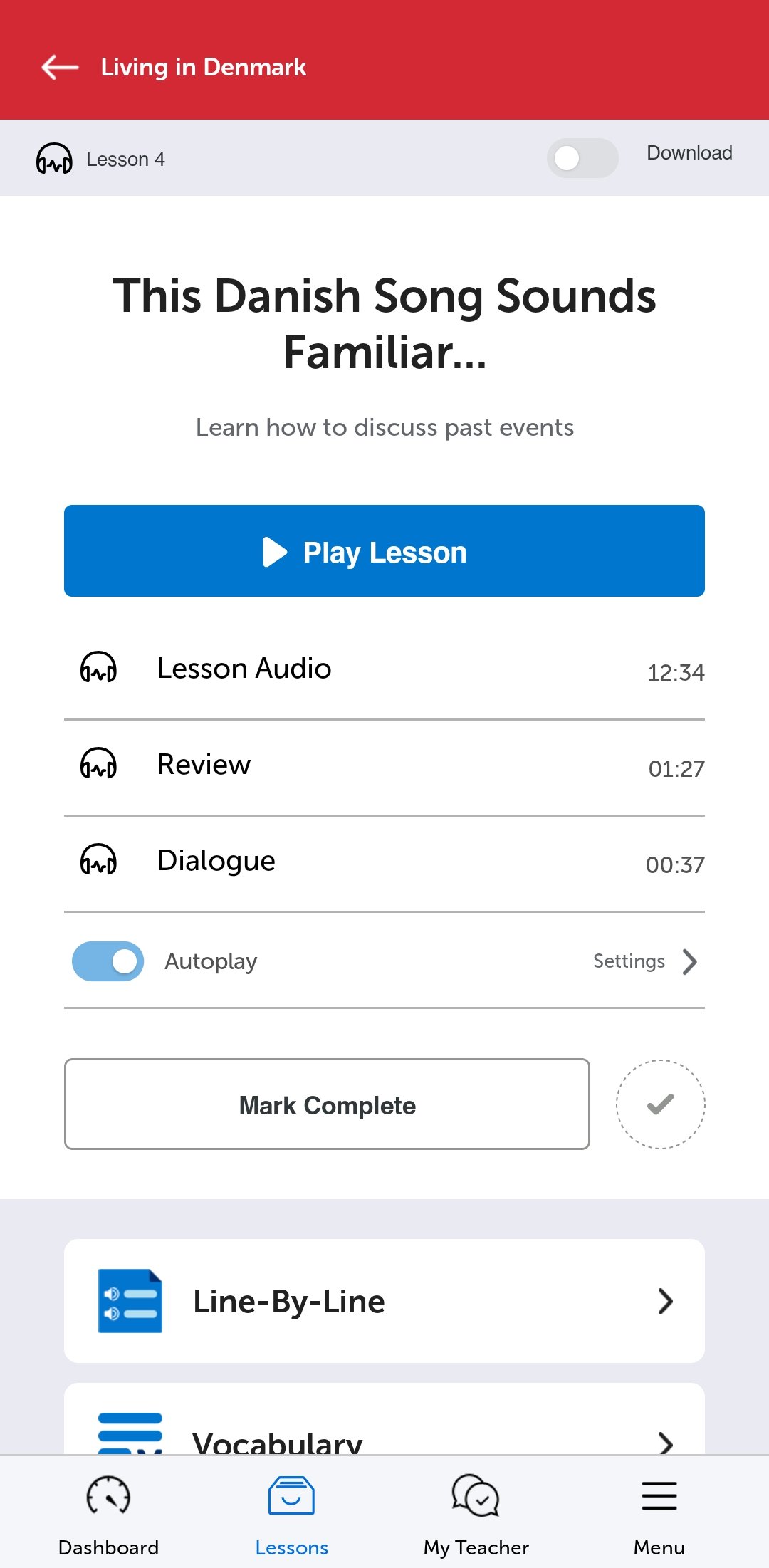 A DanishClass101 lesson in the mobile app