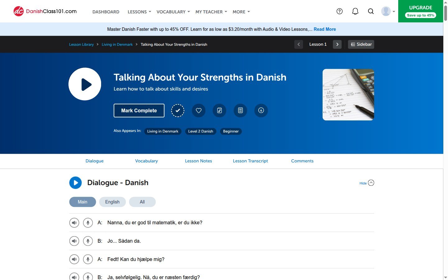 A DanishClass101 lesson with the dialogue and line-by-line audio