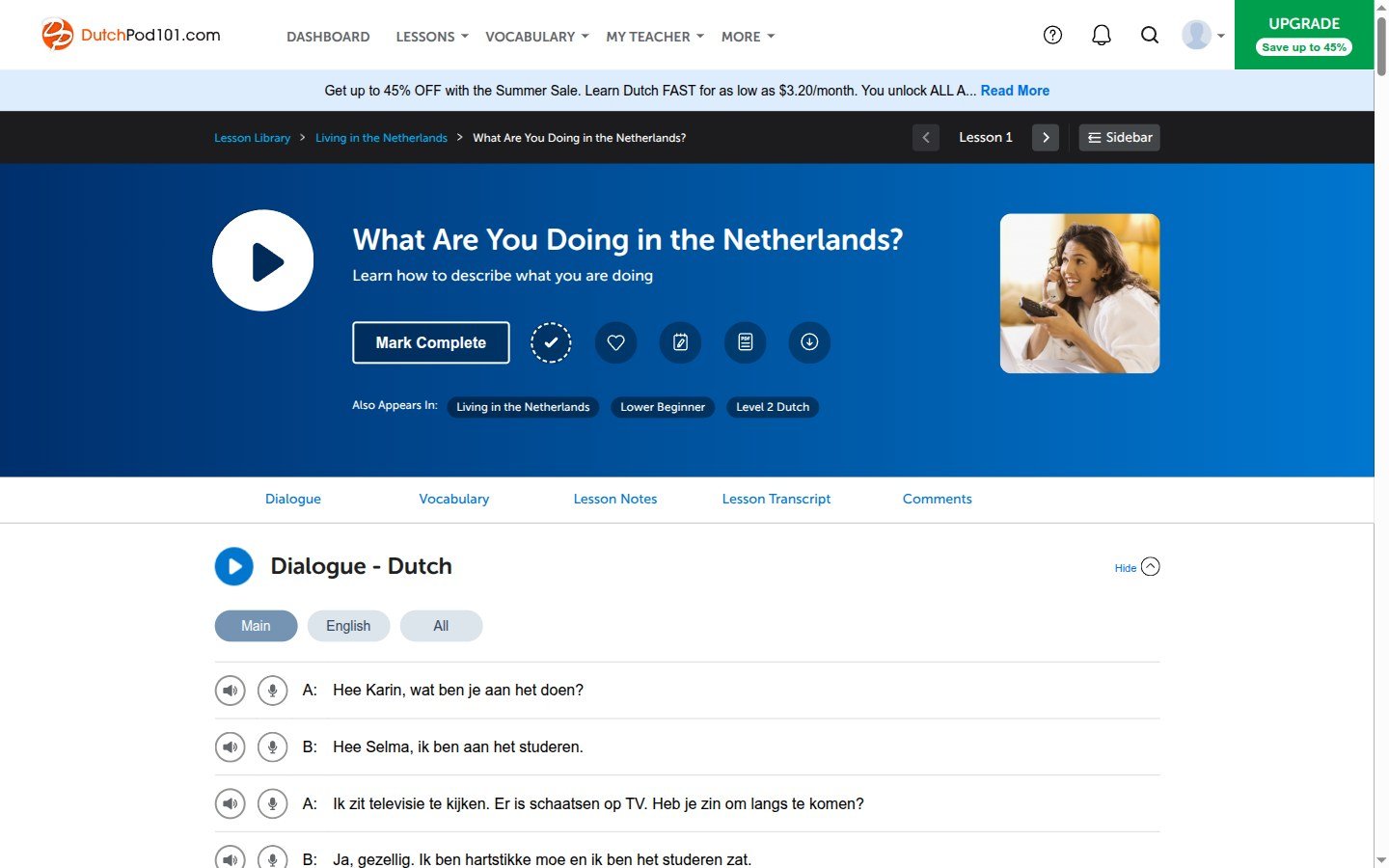 A DutchPod101 lesson with the dialogue and line-by-line audio