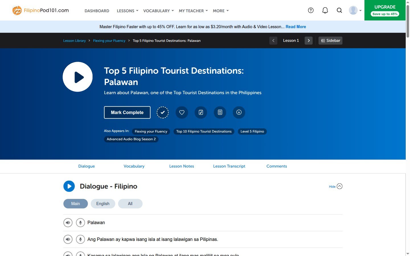 A FilipinoPod101 lesson with the dialogue and line-by-line audio