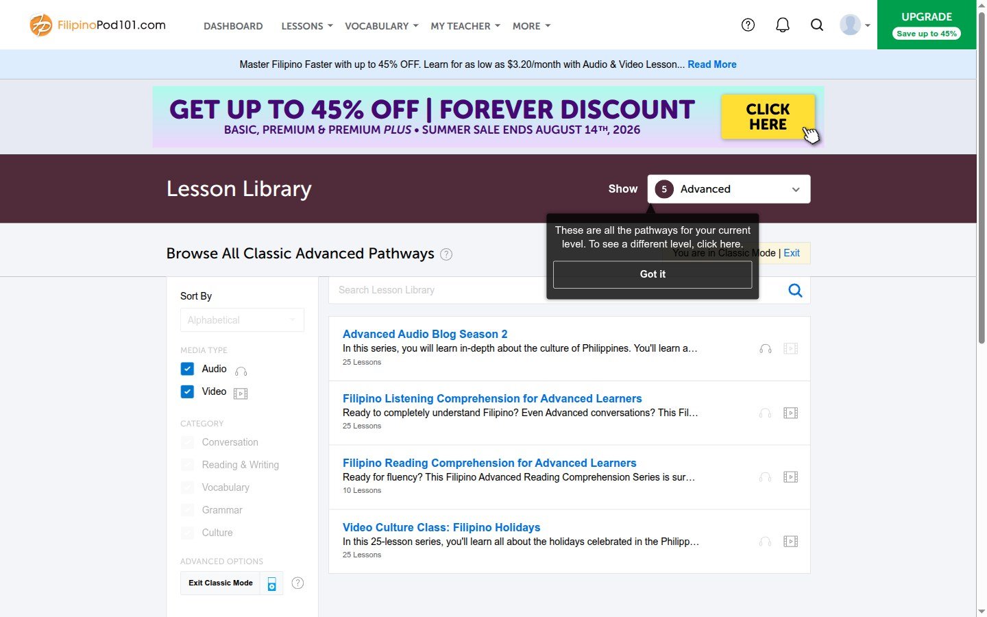 The FilipinoPod101 lesson library and pathways