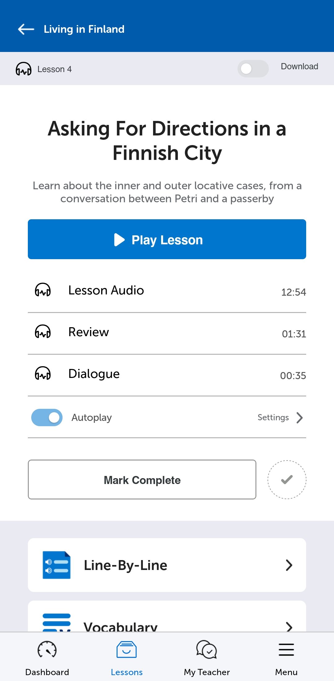 A FinnishPod101 lesson in the mobile app