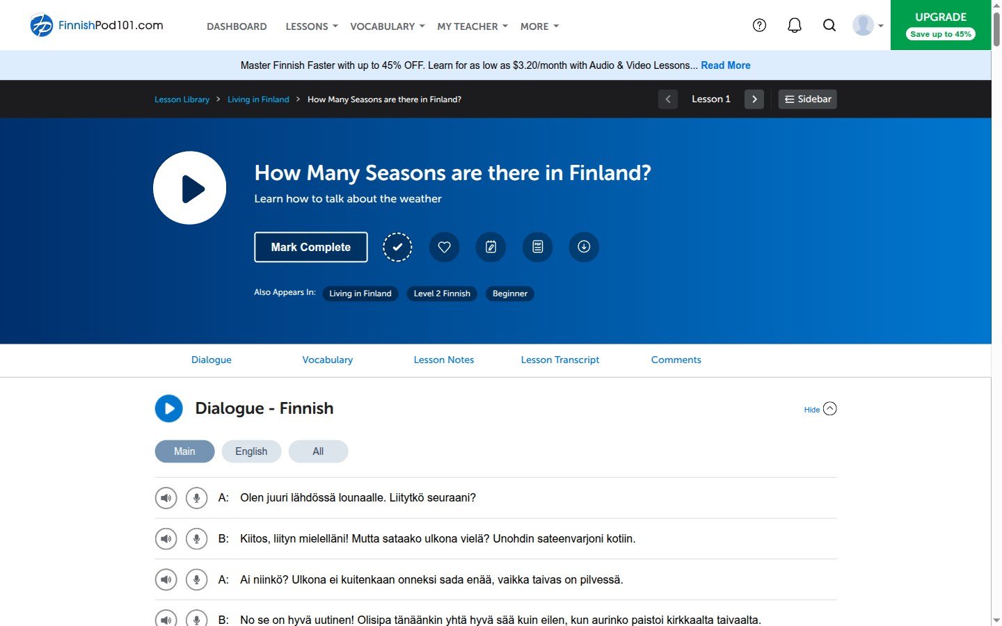 A FinnishPod101 lesson with the dialogue and line-by-line audio