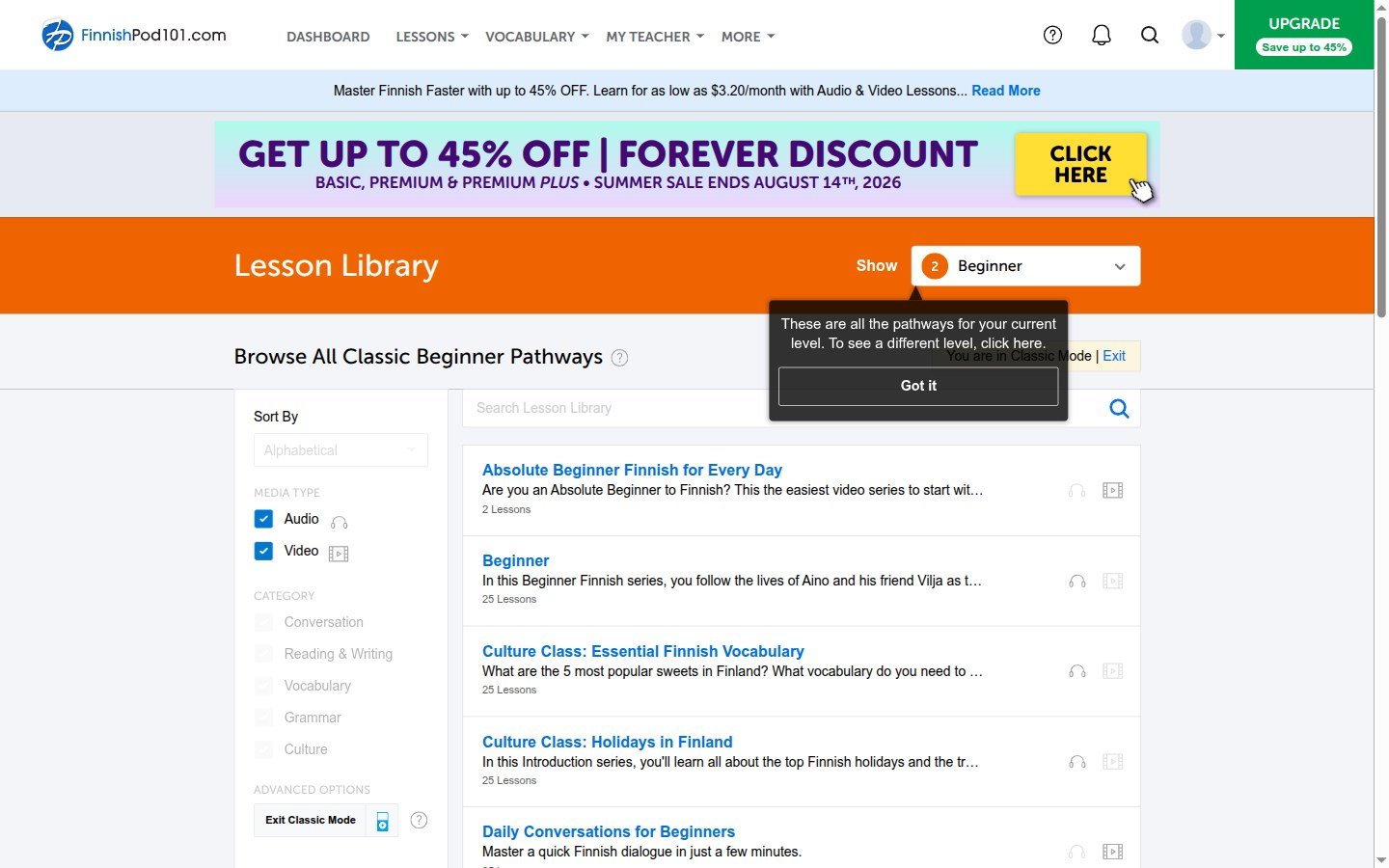 The FinnishPod101 lesson library and pathways