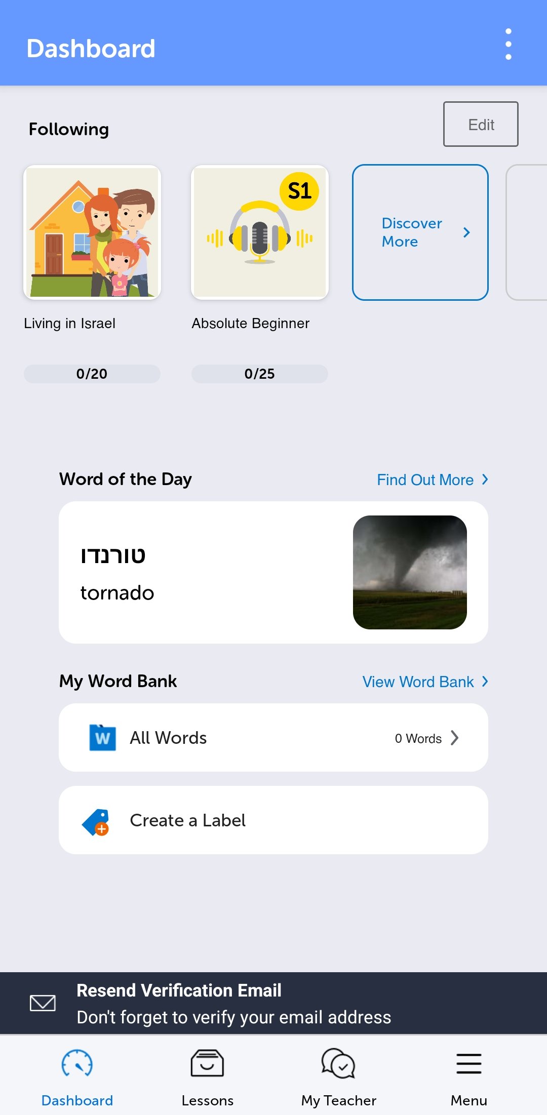 The HebrewPod101 mobile app home screen