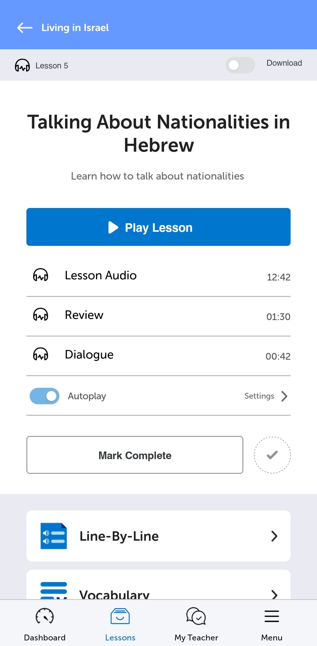 A HebrewPod101 lesson in the mobile app