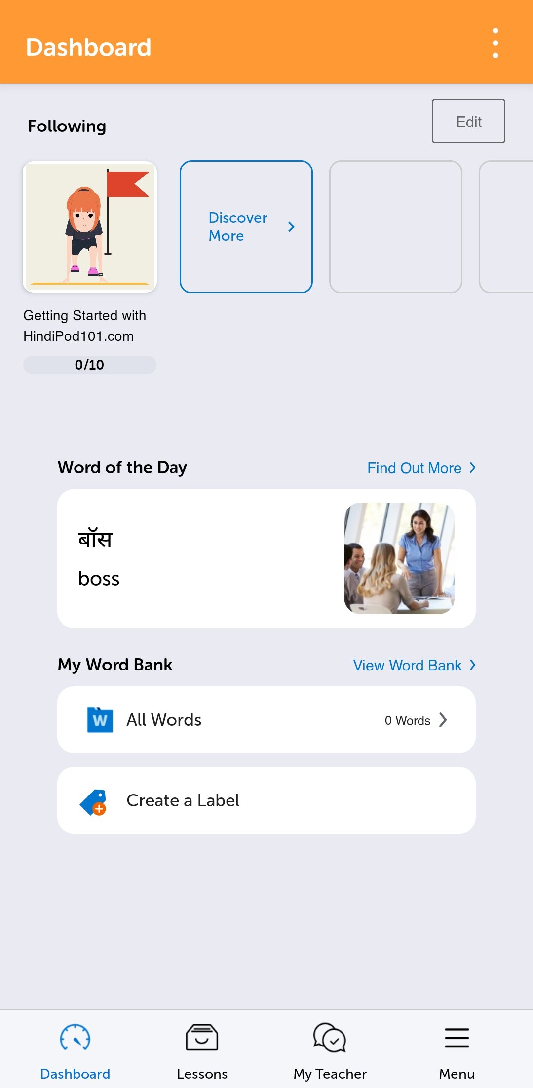 The HindiPod101 mobile app dashboard
