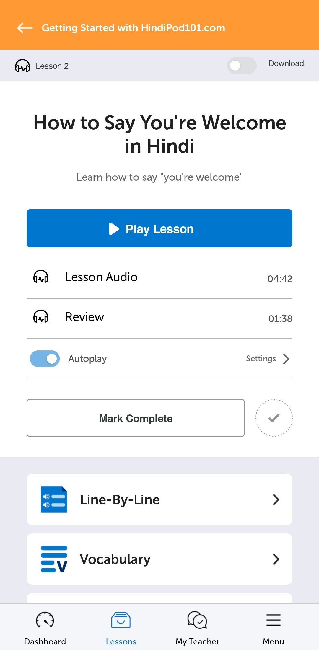 A HindiPod101 lesson in the mobile app
