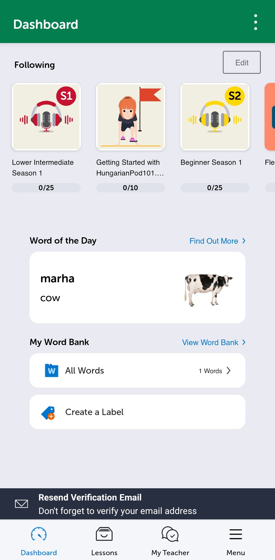 The HungarianPod101 mobile app dashboard