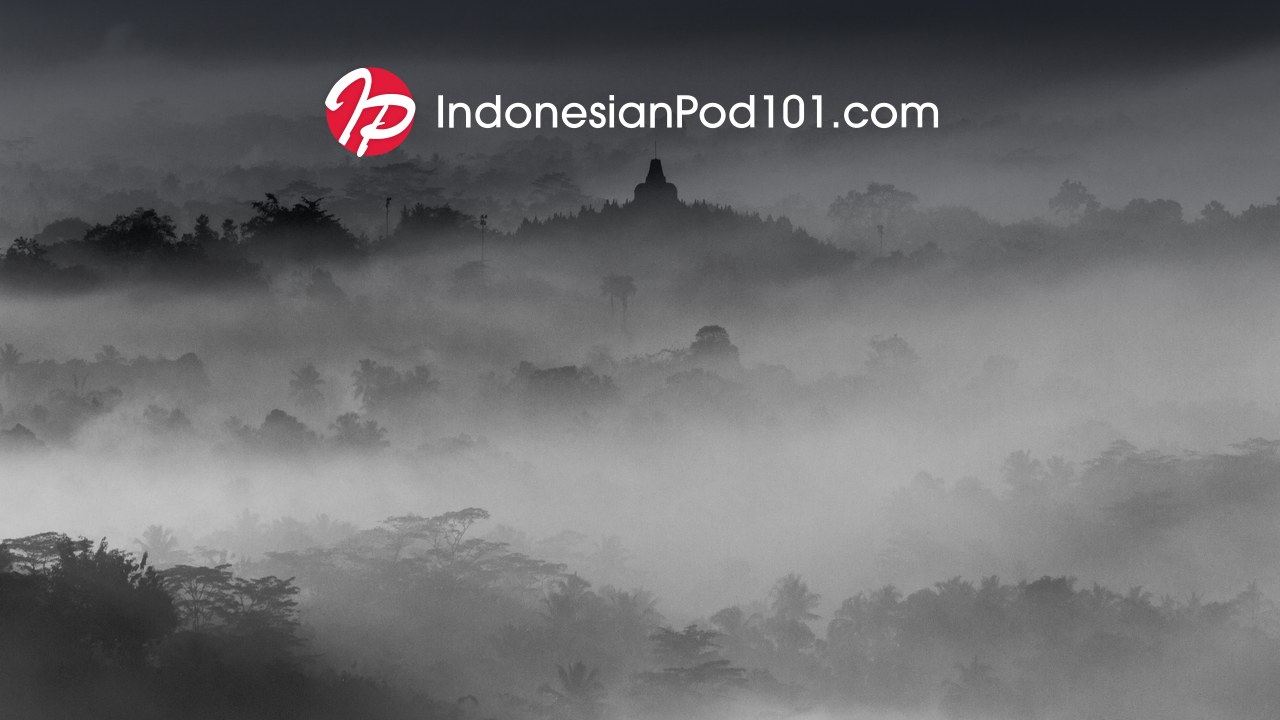 IndonesianPod101 logo over Borobudur temple in the mist in Central Java, Indonesia