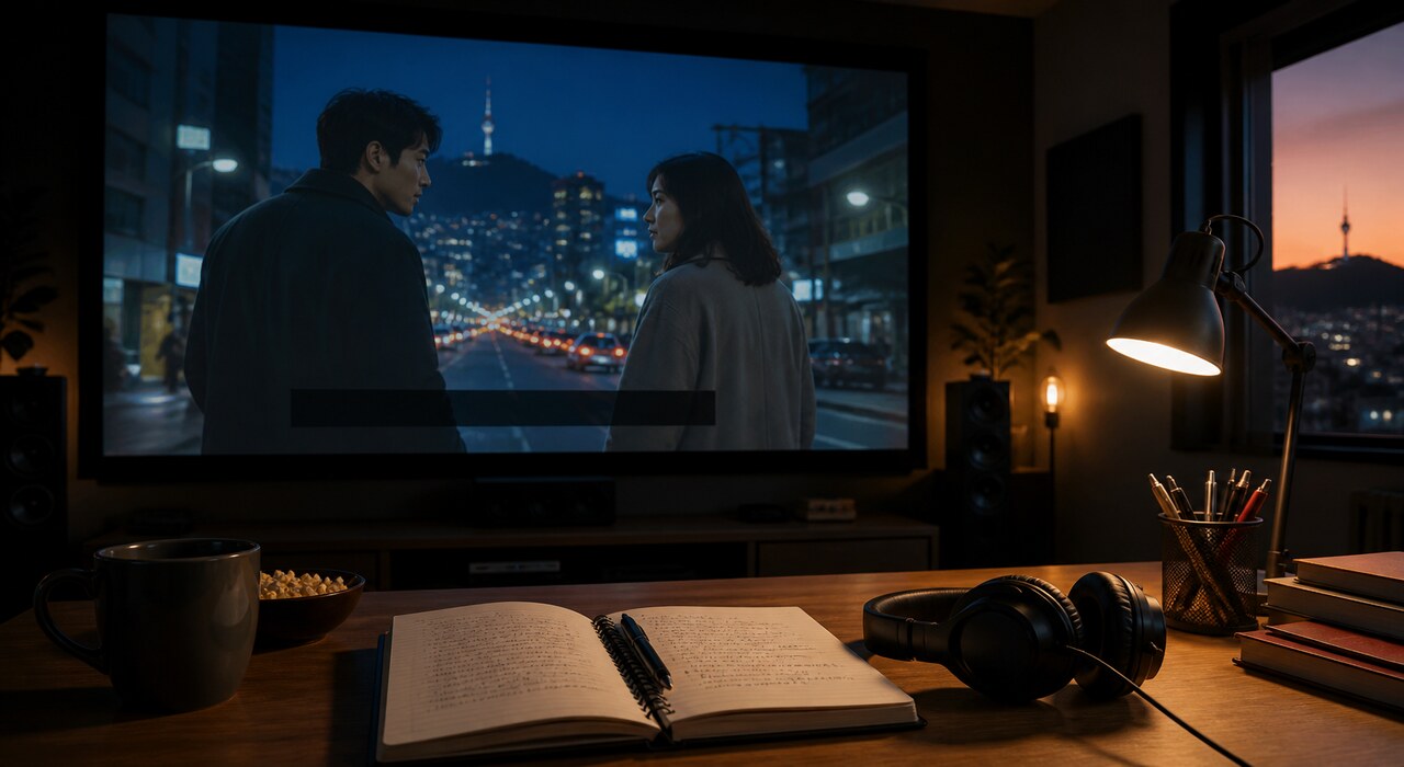 A notebook and headphones in front of a fictional Korean movie scene