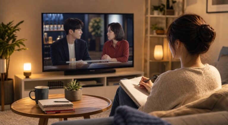 A learner taking notes while watching a Korean television drama