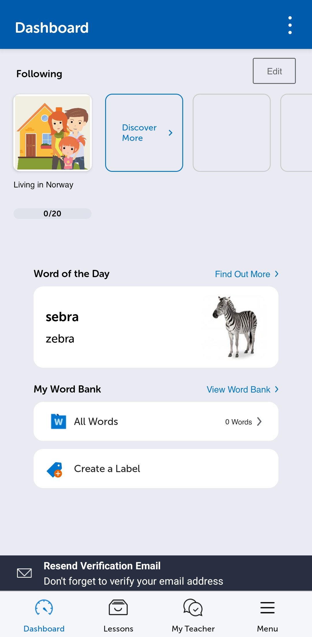 The NorwegianClass101 mobile app dashboard