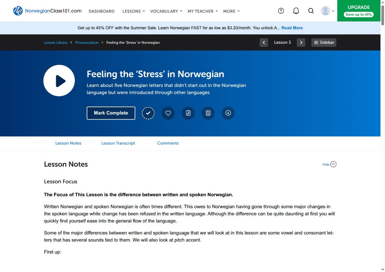 A NorwegianClass101 lesson with audio, transcript and lesson notes