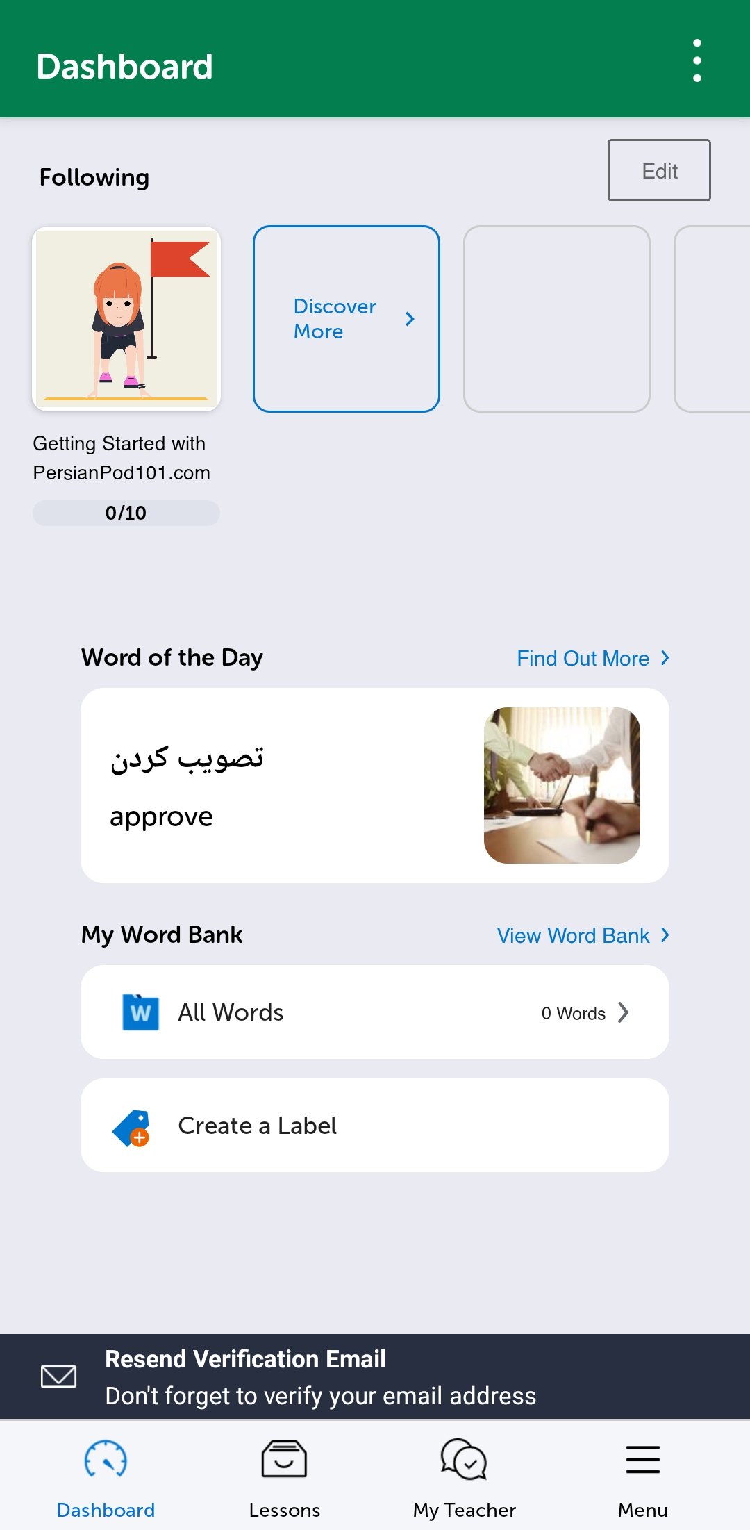 The PersianPod101 mobile app dashboard