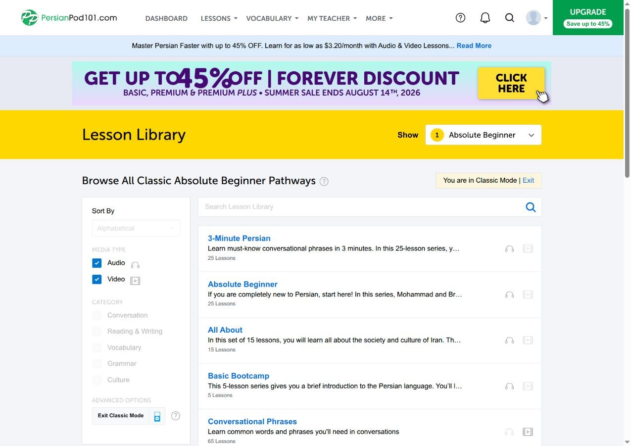 A PersianPod101 lesson pathway in the lesson library
