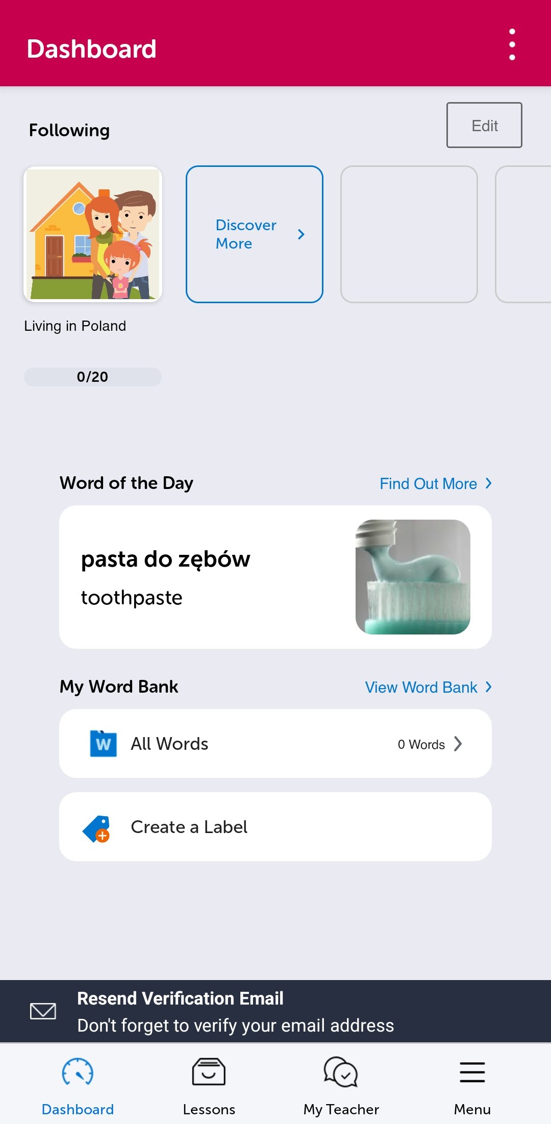 The PolishPod101 mobile app dashboard