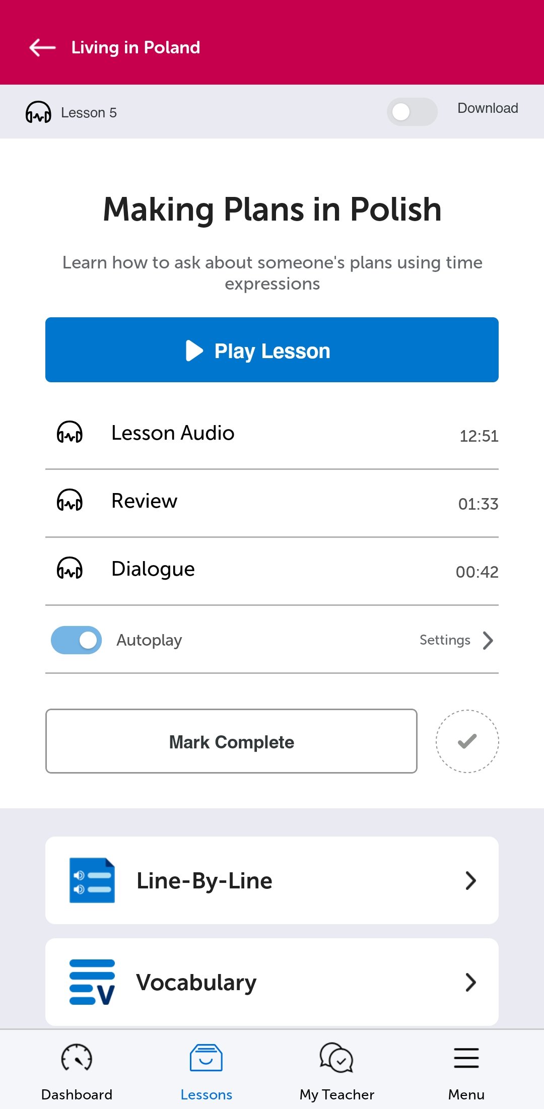 A PolishPod101 lesson in the mobile app