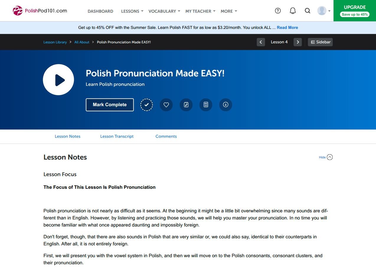 A PolishPod101 lesson with audio, transcript and lesson notes