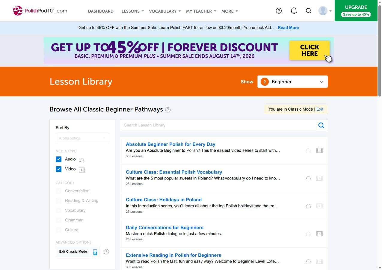 A PolishPod101 lesson pathway in the lesson library