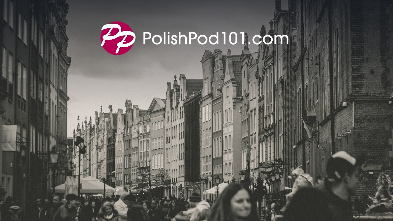 PolishPod101 logo over an old-town street in Gdansk, Poland