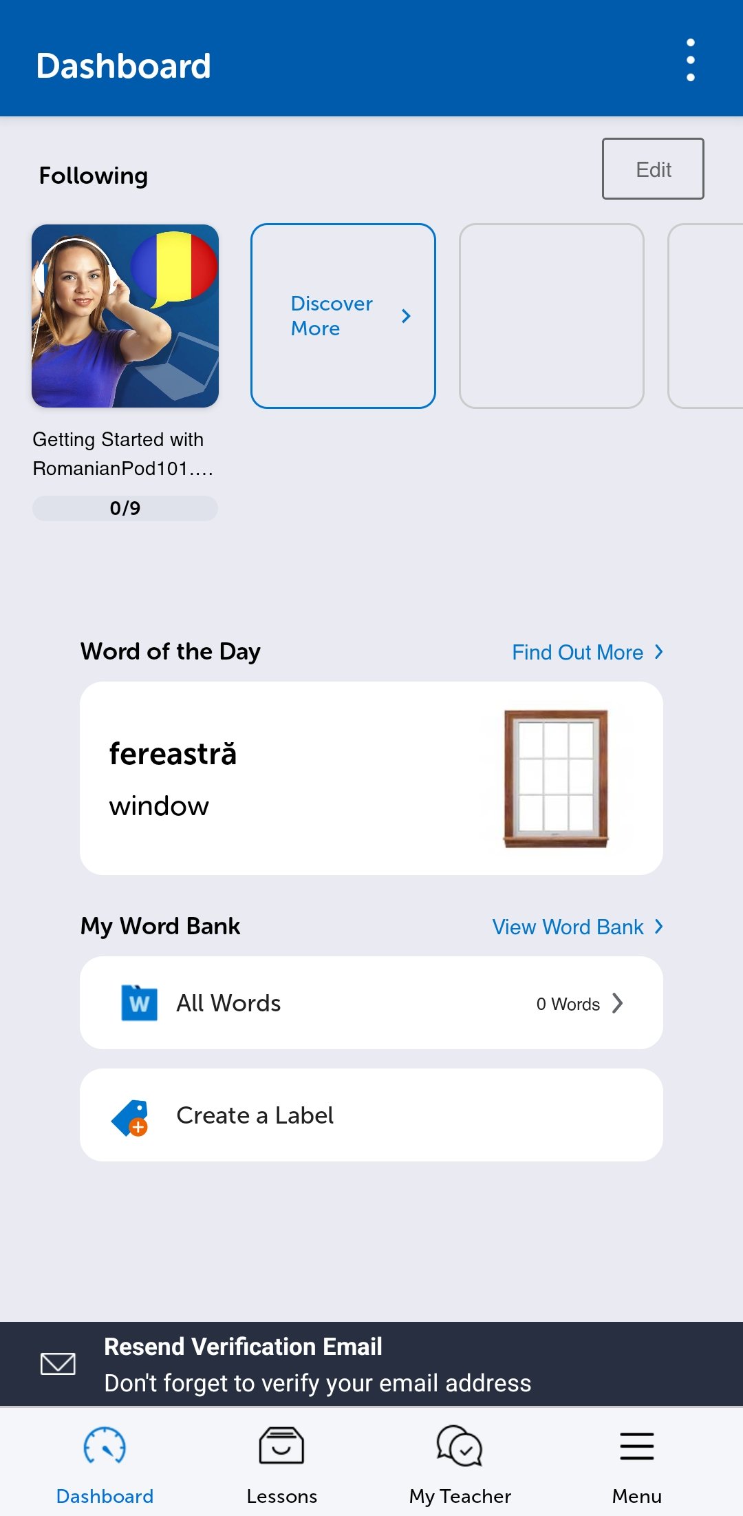 The RomanianPod101 mobile app dashboard
