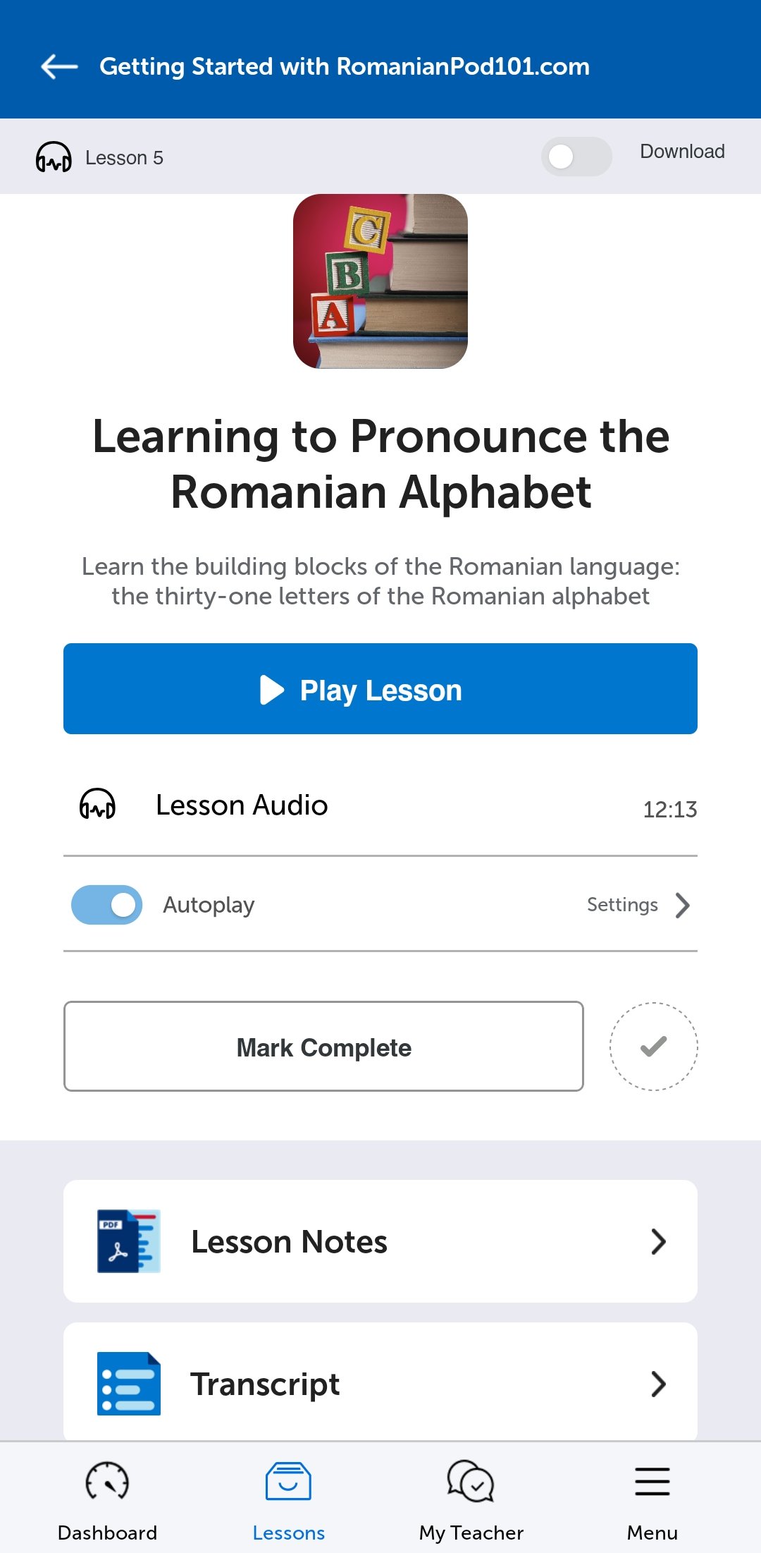 A RomanianPod101 lesson in the mobile app