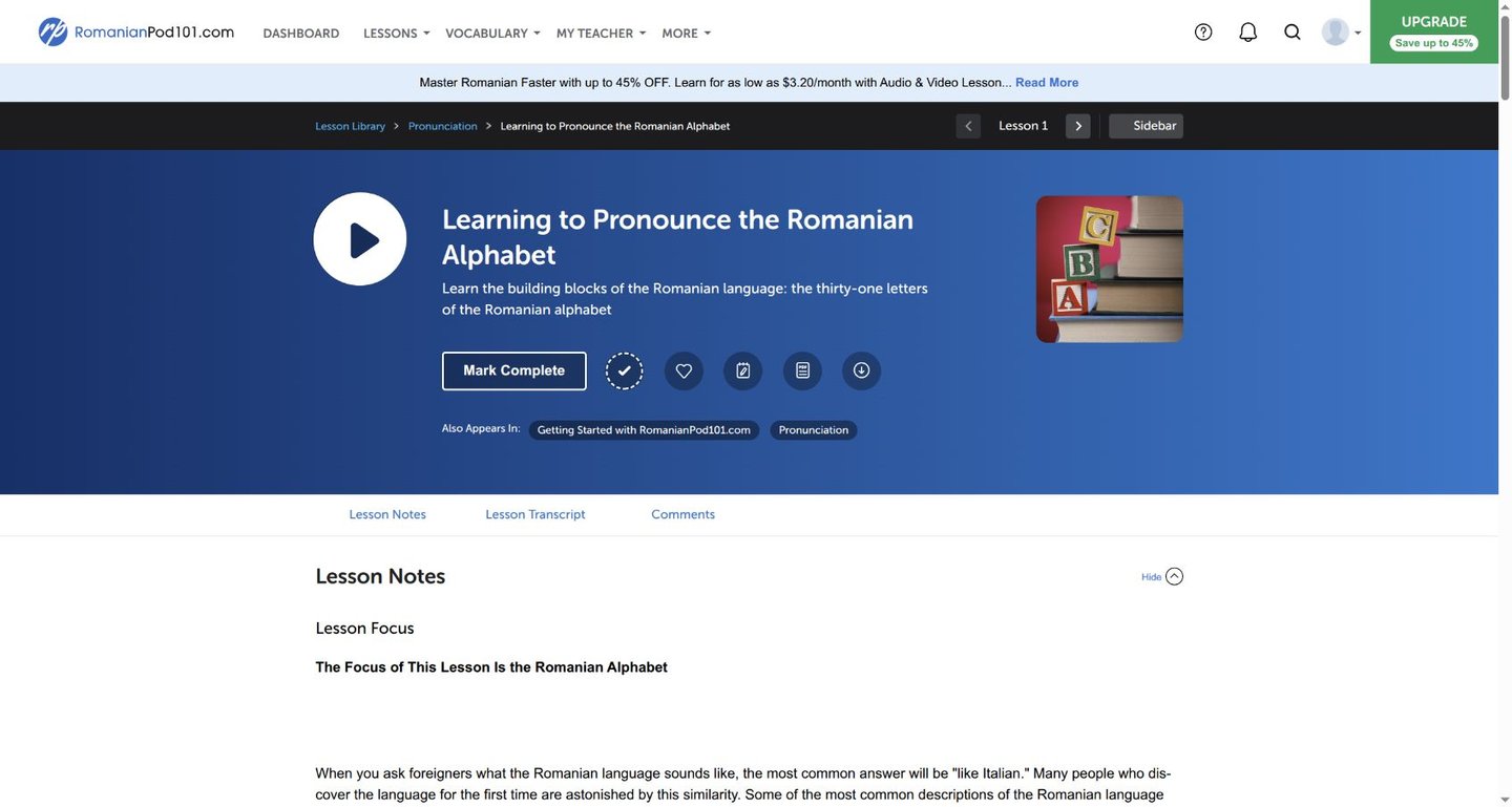 A RomanianPod101 pronunciation lesson with audio, transcript and lesson notes