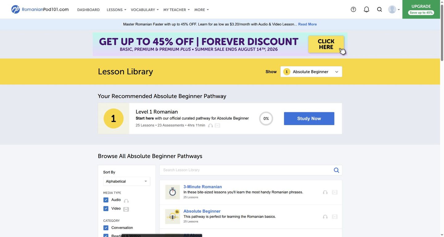 RomanianPod101 lesson pathways in the lesson library