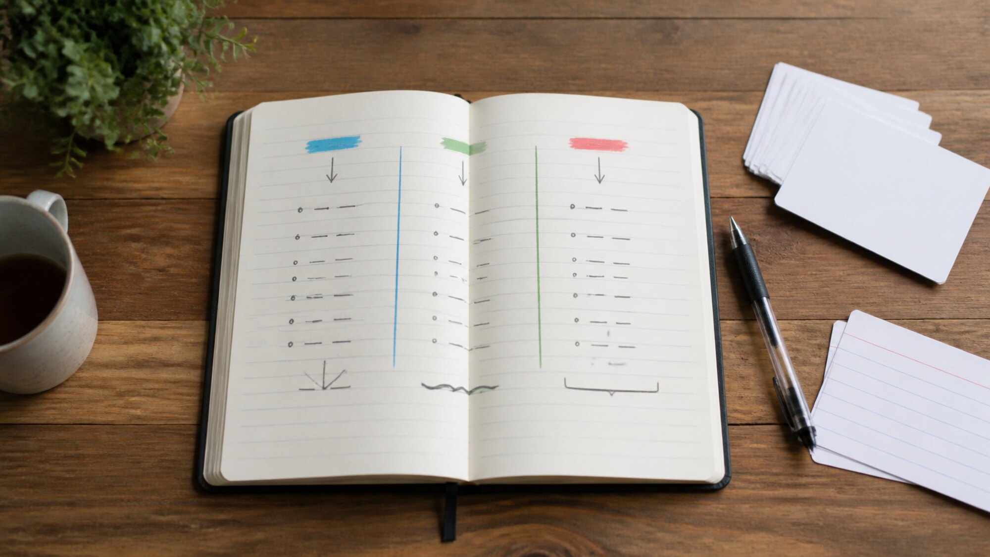 Open notebook with three colour-coded columns for practising verb conjugations.