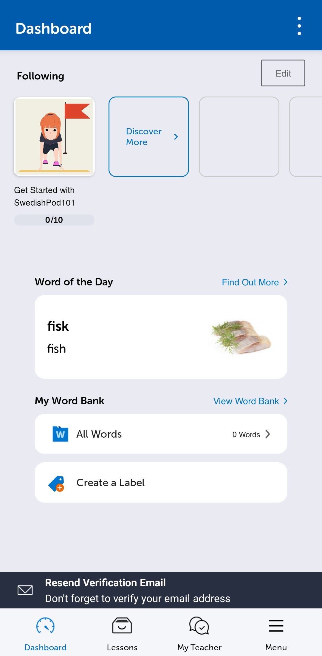 The SwedishPod101 mobile app dashboard