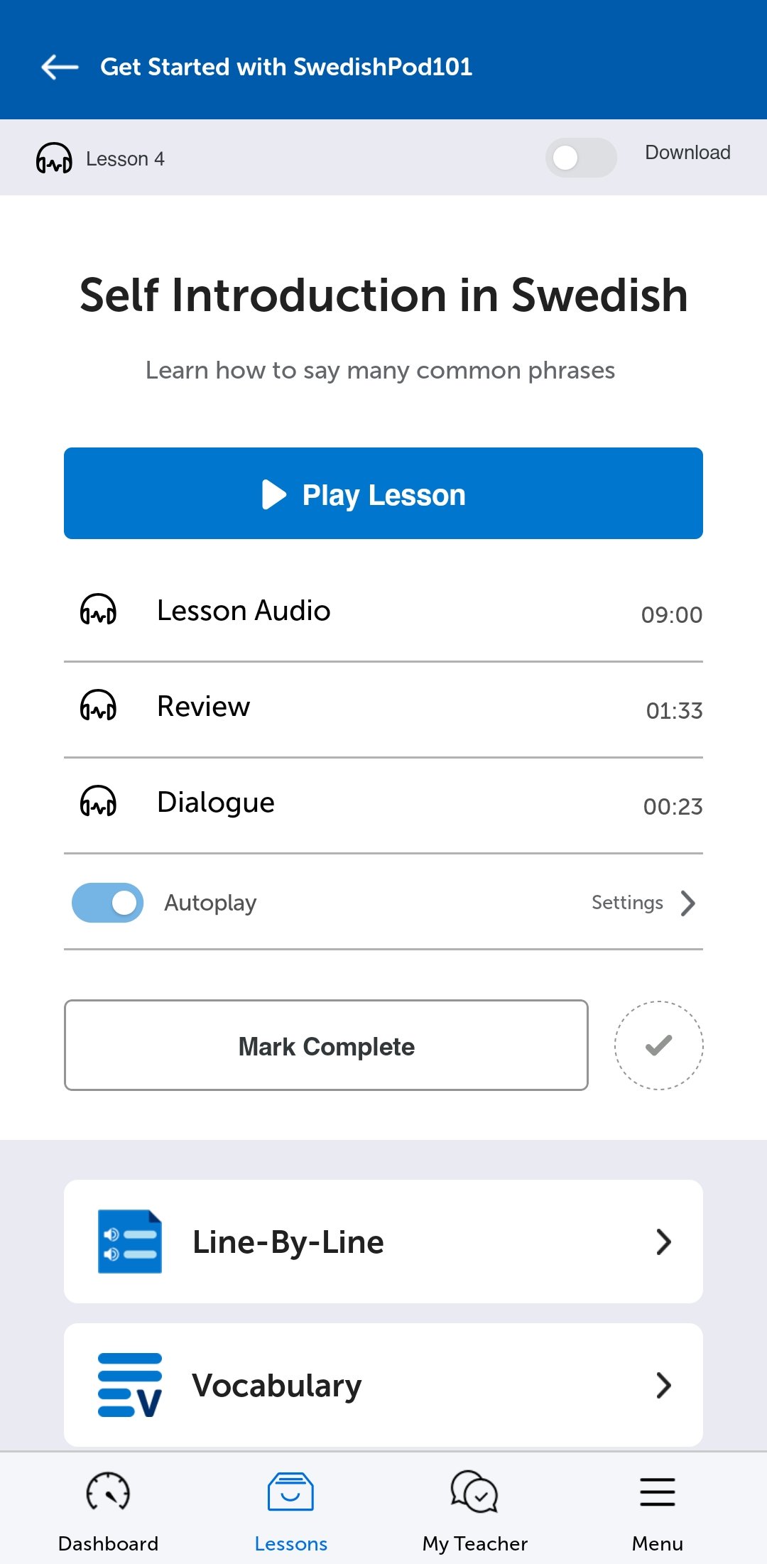 A SwedishPod101 lesson in the mobile app
