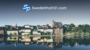 SwedishPod101 logo over the Stockholm waterfront in Sweden