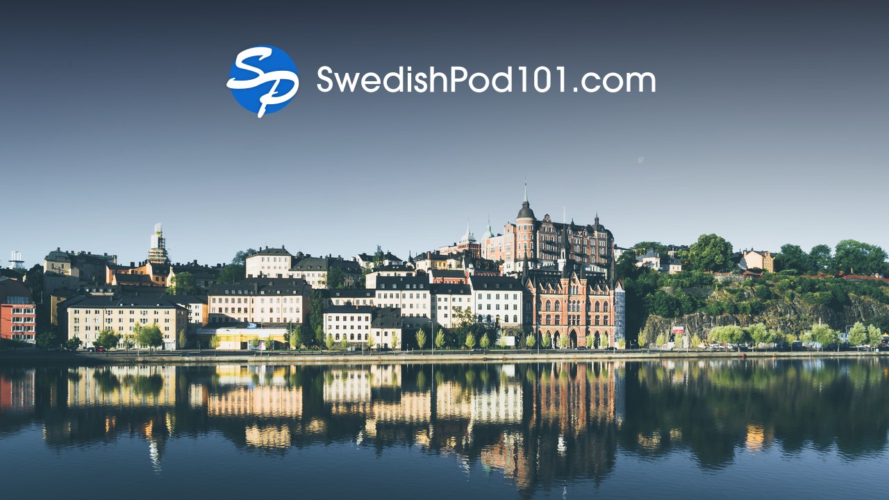 SwedishPod101 logo over the Stockholm waterfront in Sweden
