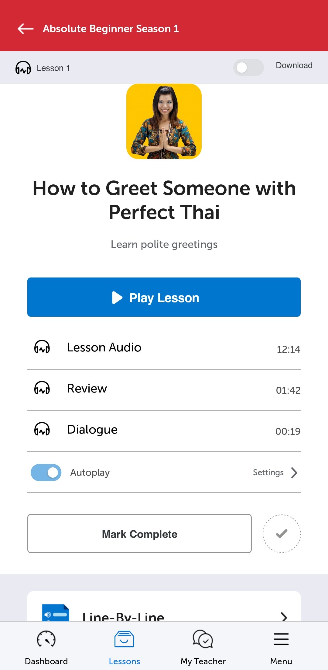 A ThaiPod101 lesson in the mobile app