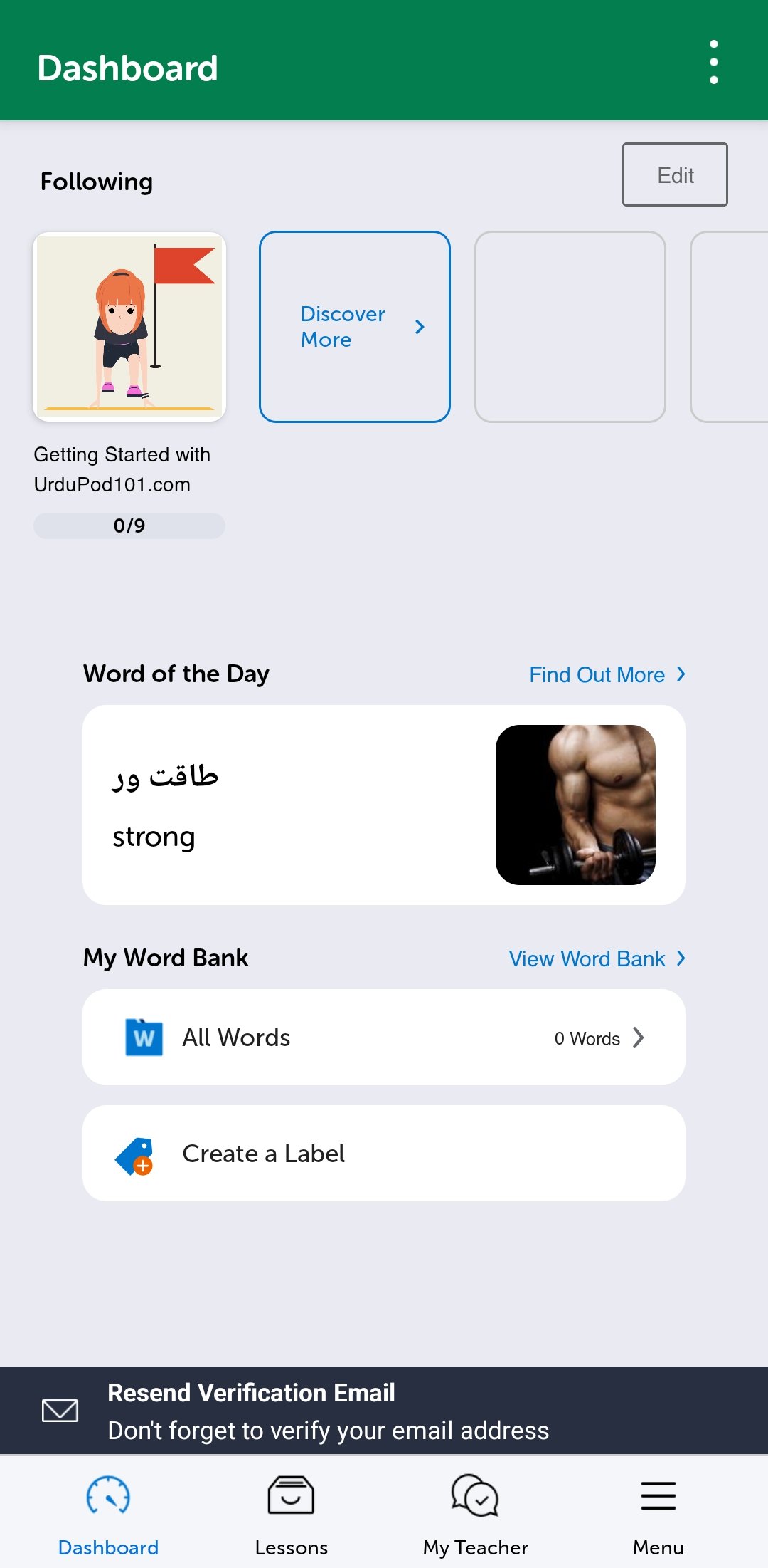 The UrduPod101 mobile app dashboard