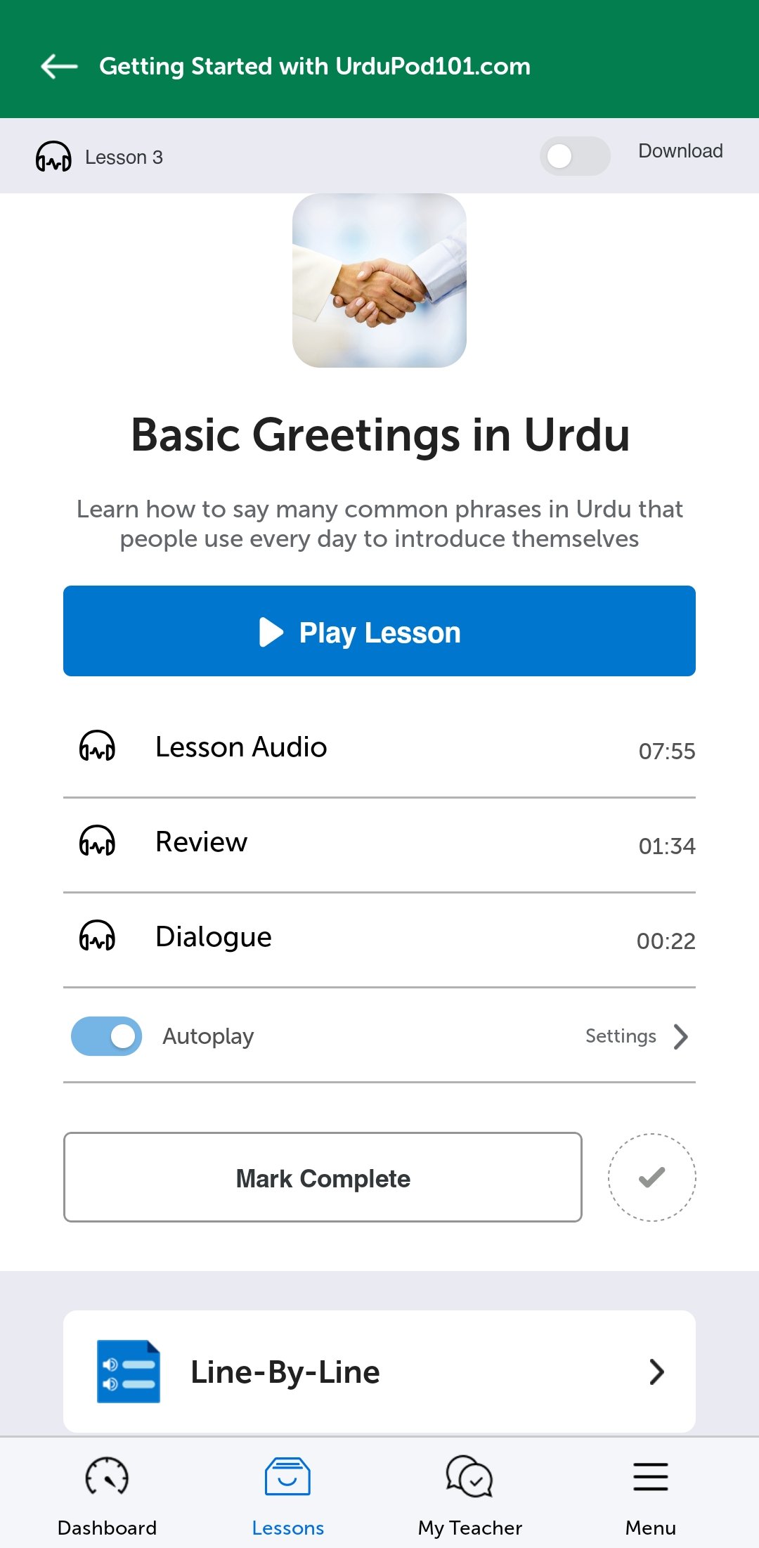 A UrduPod101 lesson in the mobile app