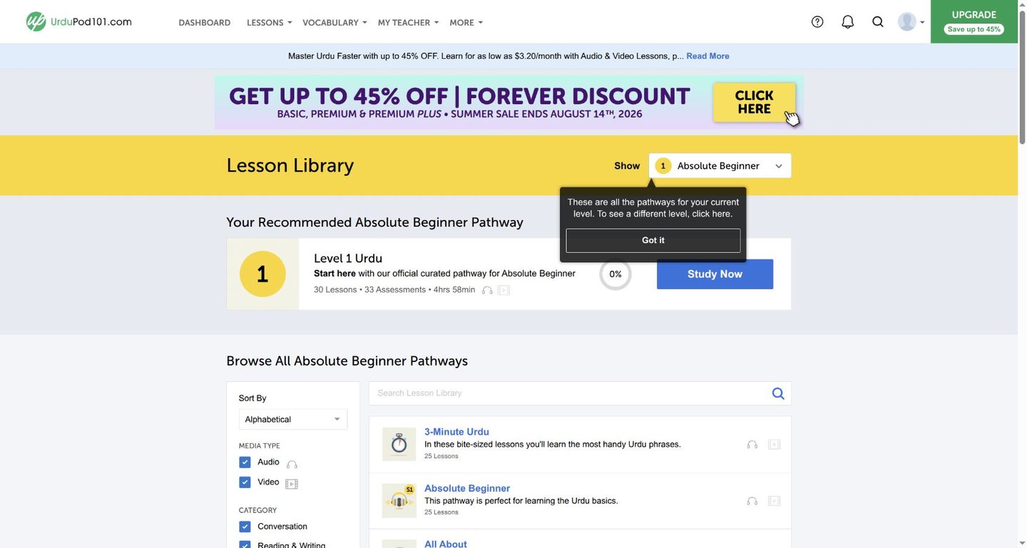 UrduPod101 lesson pathways in the lesson library